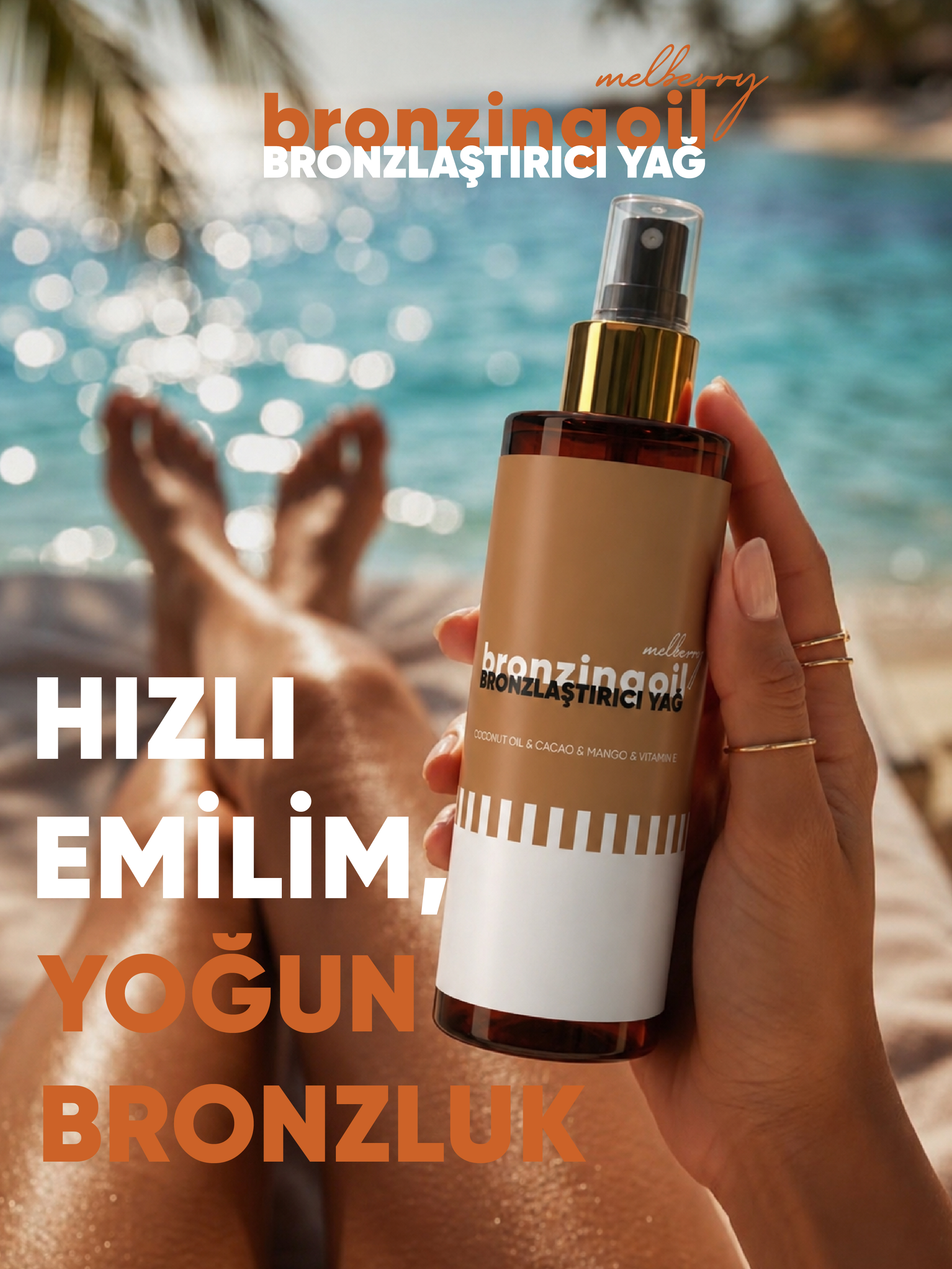 Melberry Bronzlaştırıcı Yağ - Yoğun Bronzluk - Hızlı Emilim - Parlak Görünüm - Bronzing Oil - Coconut Oil - Cacao - Mango
